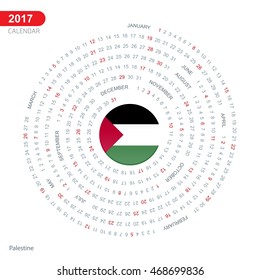 2017 Calendar, Palestine Country Flag Circle Button, spiral Calendar illustration, Happy new Year calendar. vector illustration