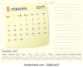  2017 calendar paper note, February 2017 year vector calender design