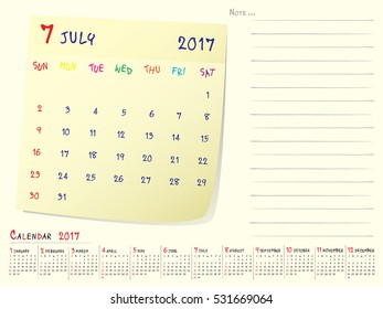  2017 calendar paper note, July 2017 year vector calendar design