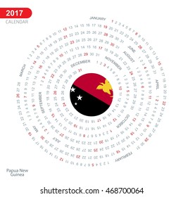 2017 Calendar, Papua New Guinea  Country Flag Circle Button, spiral Calendar illustration, Happy new Year calendar. vector illustration