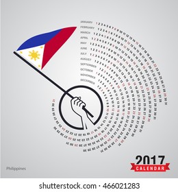 2017 Calendar, Phillipines Country Waving Flag banner, spiral illustration, swiral shape, Blue polygonal background calendar cover template, Happy new Year calendar. vector illustration