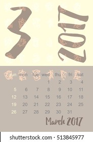 2017 Calendar planner in brown, gray and yellow colors Week starts on Sunday. Scale A4 dimension. Vector illustration