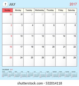 2017 Calendar Planner Design, July 2017 year vector calendar design