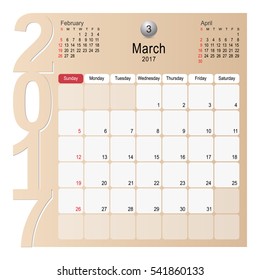  2017 Calendar Planner Design, March 2017 year vector calendar design