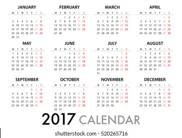 2017 Calendar Planner Design. for organization and business. Week Starts Monday. Simple Vector Template. EPS10