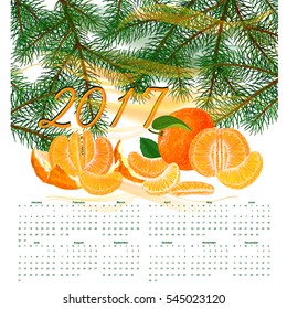 2017 Calendar Planner Design. Vector illustration. Pine tree branch. New Year decor. Winter holidays design elements. tangerines, mandarin, citrus fruit