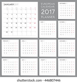 2017 Calendar Planner Design. Week starts from Monday.
Month calendar template on grey background, square white sticker papers with sharp shadow.
Free font used: Bellota, SIL Open Font License v1.10