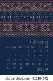 2017 Calendar planner with ethnic cross-stitch ornament Week starts on Sunday on dark blue background Vector illustration. From collection of Balto-Slavic ornaments