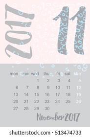 2017 Calendar planner in gray and pink colors Week starts on Monday. Scale A4 dimension. Vector illustration