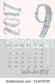2017 Calendar planner in gray and pink colors Week starts on Monday. Scale A4 dimension. Vector illustration