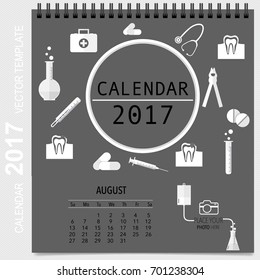 2017 Calendar planner with medical dental background design, monthly calendar template for August.