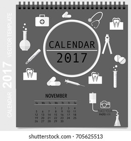 2017 Calendar planner with medical dental background design, monthly calendar template for November.