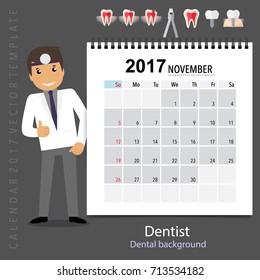 2017 Calendar planner with medical dental background design, monthly calendar template for November.