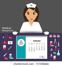 2017 Calendar planner with medical dental background design, monthly calendar template for February.