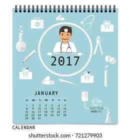 2017 Calendar planner with medical dental background design, monthly calendar template for January.