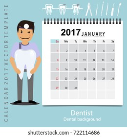 2017 Calendar planner with medical dental background design, monthly calendar template for January