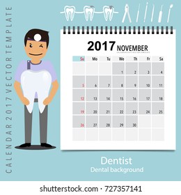 2017 Calendar planner with medical dental background design, monthly calendar template for November.