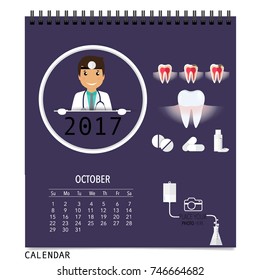 2017 Calendar planner with medical dental background design, monthly calendar template for October