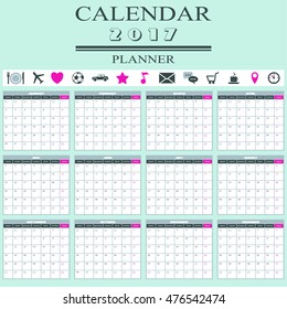 2017 Calendar Planner with pictogram set
