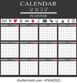 2017 Calendar Planner with pictogram set
