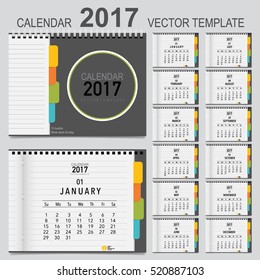 2017 Calendar planner, vector design template. Set of 12 months. Week starts Sunday