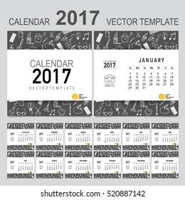 Planificador del calendario 2017, plantilla de diseño de vectores. Conjunto de 12 meses. La semana empieza el domingo