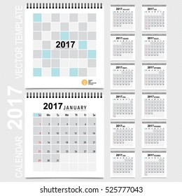 Planejador de calendário 2017, modelo de design vetorial. Conjunto de 12 meses. A semana começa no domingo