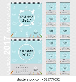 2017 Calendar planner, vector design template. Set of 12 months. Week starts Sunday