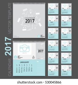 2017 Calendar planner, vector design template. Set of 12 months. Week starts Sunday