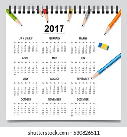 2017 Calendar planner, vector design template. Set of 12 months. Week starts Sunday