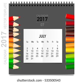 2017 Calendar planner vector design, monthly calendar template for July.