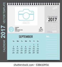 2017 Calendar planner vector design, monthly calendar template for September