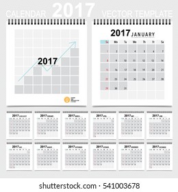 Planificador del calendario 2017, plantilla de diseño de vectores. Conjunto de 12 meses. La semana empieza el domingo
