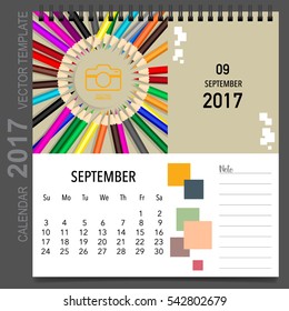 2017 Calendar planner vector design, monthly calendar template for September