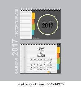 2017 Diseño del vector del planificador del calendario, plantilla del calendario mensual para marzo