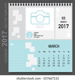 2017 Calendar planner vector design, monthly calendar template for March