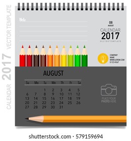 2017 Calendar planner vector design, monthly calendar template for August.