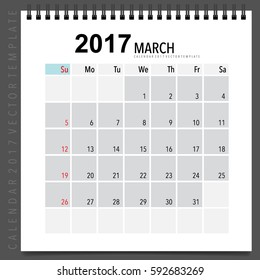 2017 Calendar planner vector design, monthly calendar template for March.