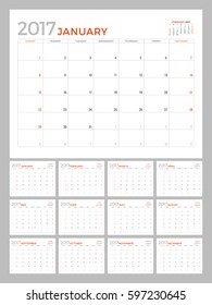 2017 Calendar Planner Vector Design Template. Set of 12 Months. Week Starts Sunday