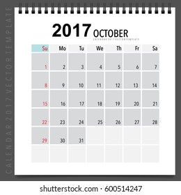 2017 Calendar planner vector design, monthly calendar template for October