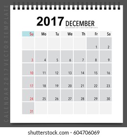 2017 Planejador de calendário projeto vetorial, modelo de calendário mensal para dezembro