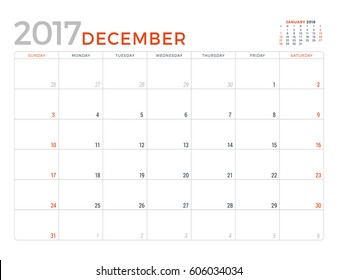 2017 Calendar Planner Vector Design Template. December. Week Starts Sunday