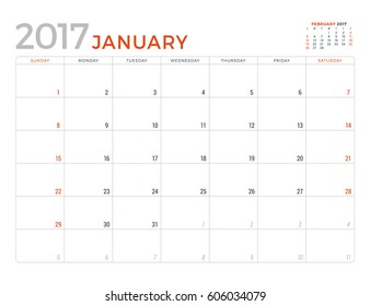 2017 Calendar Planner Vector Design Template. January. Week Starts Sunday