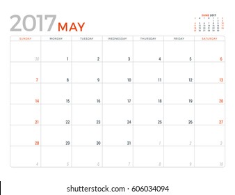 2017 Calendar Planner Vector Design Template. May. Week Starts Sunday