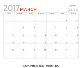 2017 Calendar Planner Vector Design Template. March. Week Starts Sunday