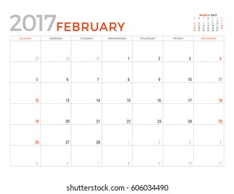 2017 Calendar Planner Vector Design Template. February. Week Starts Sunday