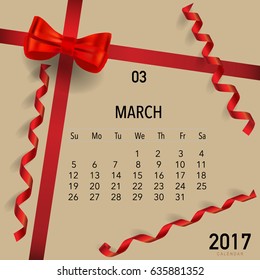 2017 Calendar planner vector design, monthly calendar template for March.