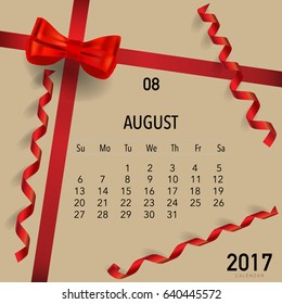 2017 Diseño vectorial del calendario, plantilla mensual de calendario para agosto.