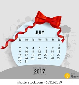2017 Calendar planner vector design, monthly calendar template for July
