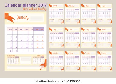 2017 Calendar planner Week starts on Monday. Scale A4 dimension. Vector illustration